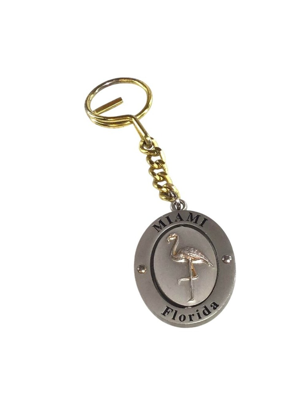 Vintage Miami Florida Keychain Flamingo Center Twirls Silver Tone Gold